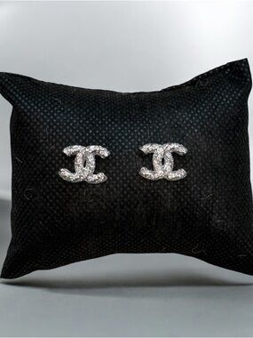 Upcycled Stamped Crystal Logo Stud Earrings - Silver - Dime Sz